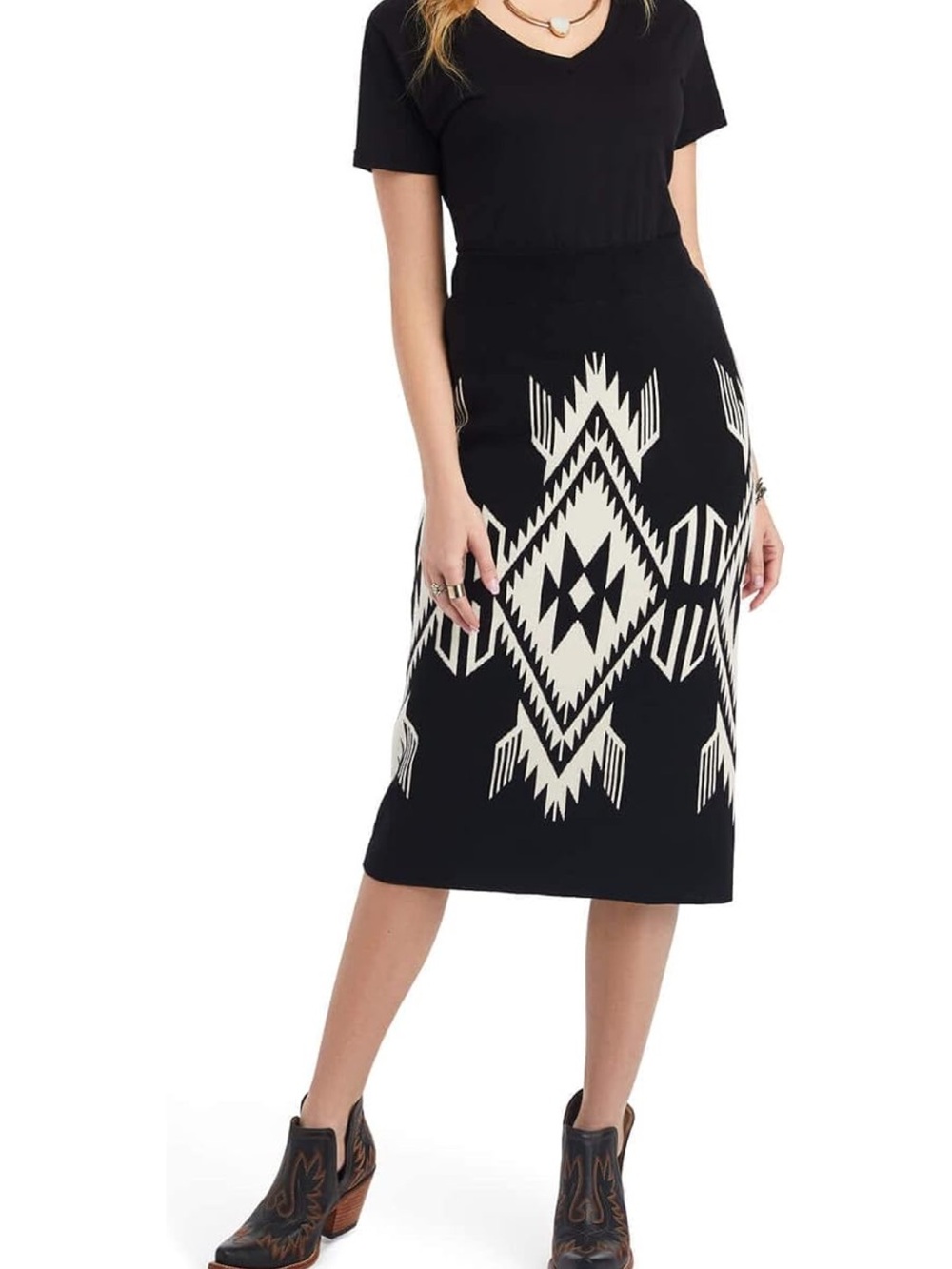 Ariat Chimayo Intarsia Knit Sweater Pencil Skirt Black Buttercream Small NEW